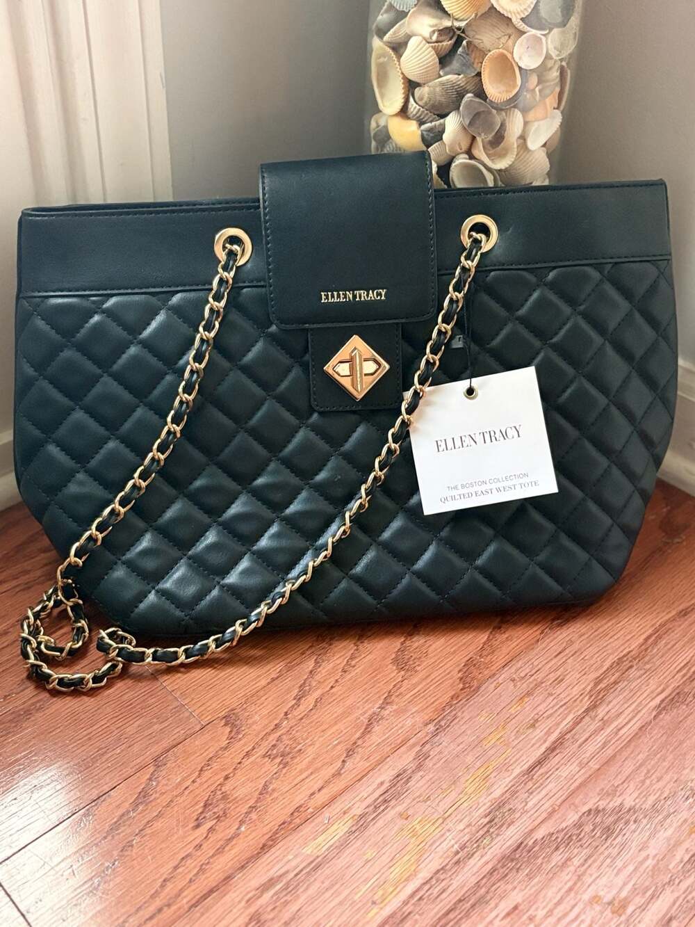 Ellen Tracy Black Quilted East West Tote Shoulder Bag with Gold Hardware